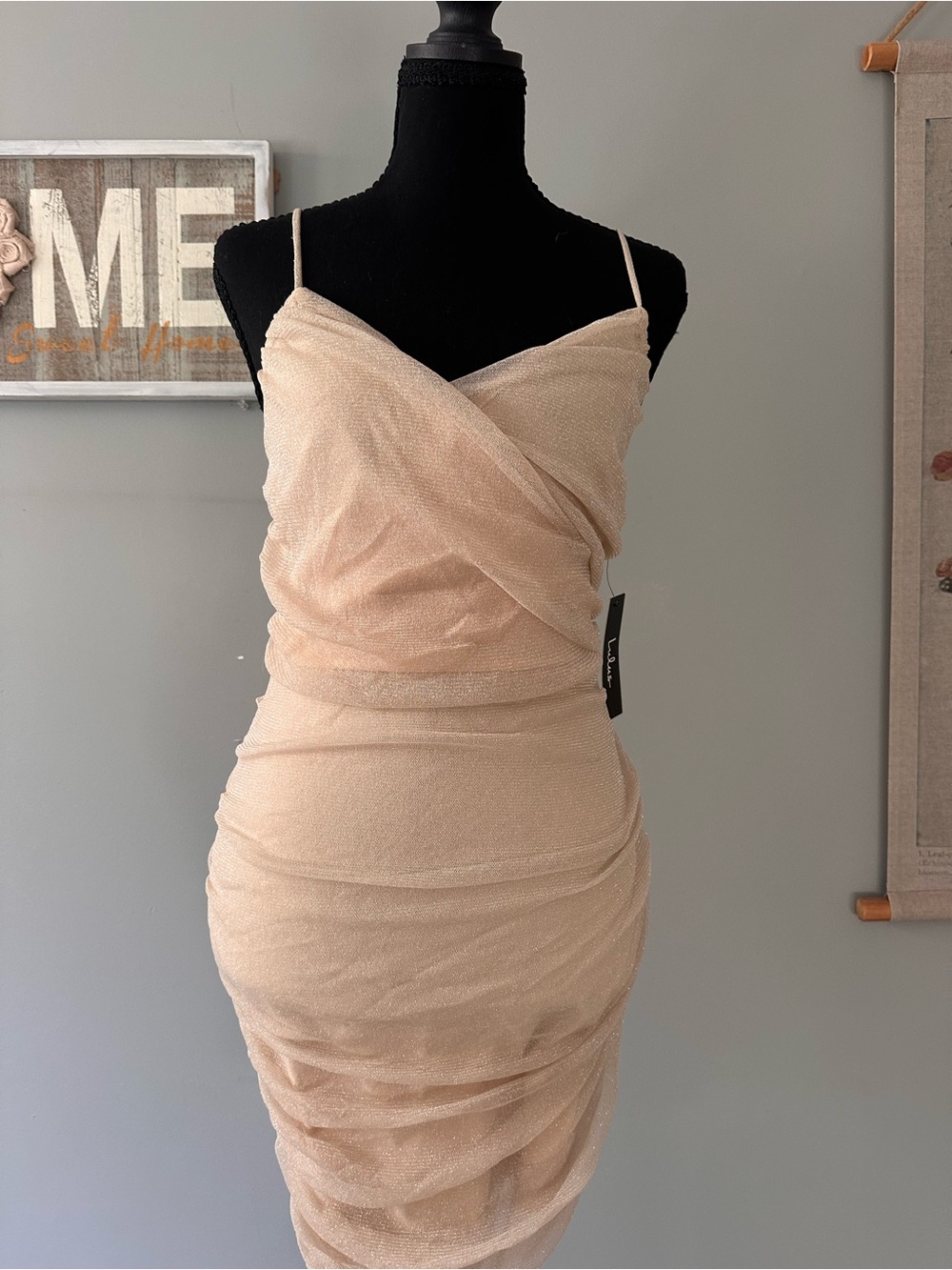 Lulu's Shimmery Nude Ruched Spaghetti-Strap Mini Dress